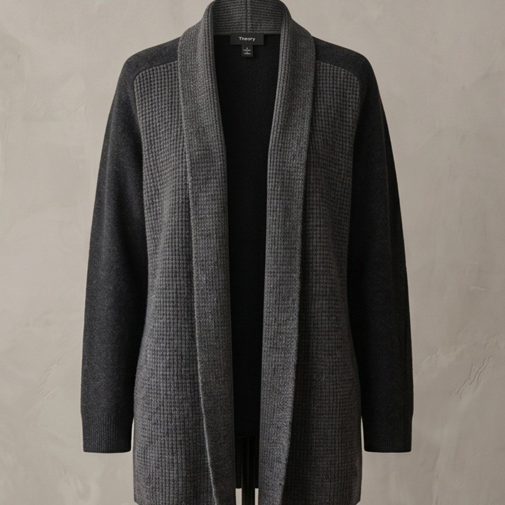 Theory L Gray Black Cashmere Colorblock Shawl Collar Open Cardigan Sweater